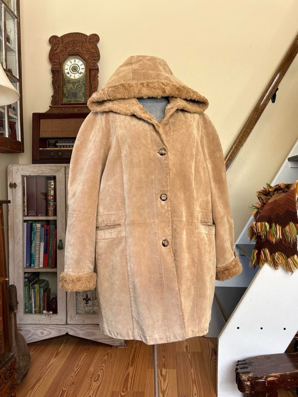 Vintage Gallery Tan Suede Leather Coat with Faux Fur Shearling Trim & Hood XL